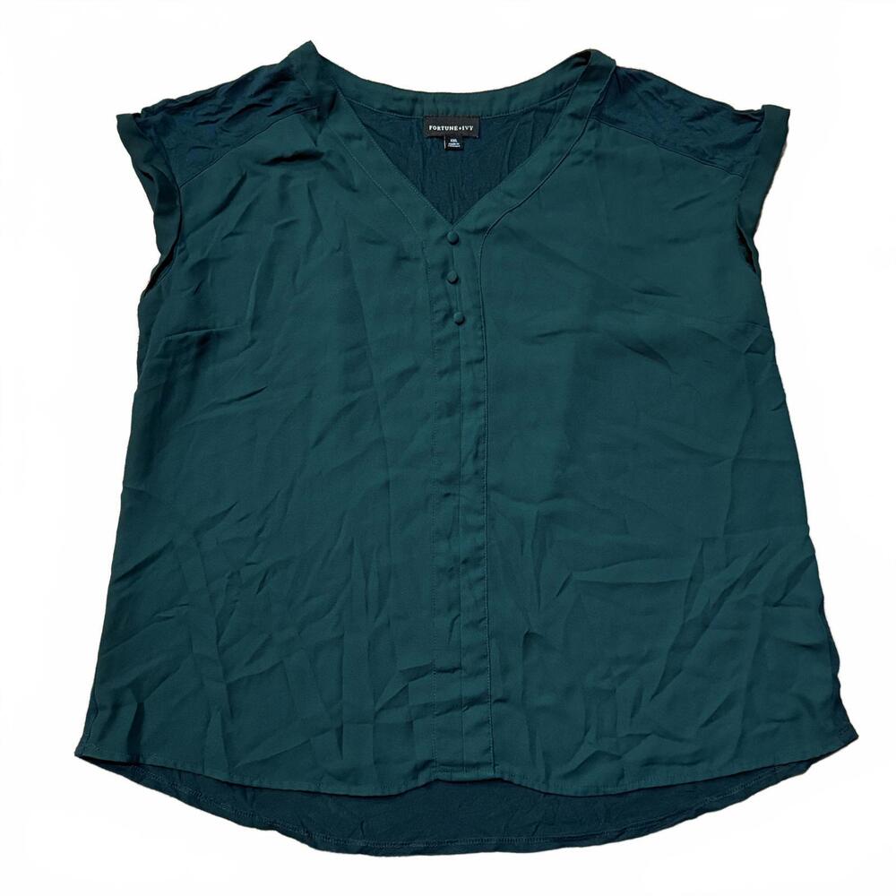 Fortune + Ivy covered-button mixed-media teal blouse‎ – XXL